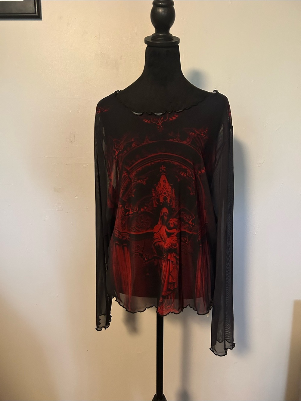 ROMWE Black Sheer Long-Sleeve Top with Red Graphic